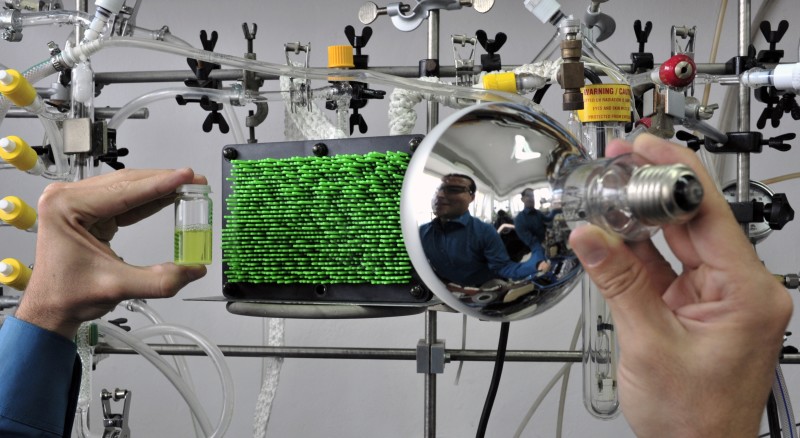 The innovative 3D photocatalytic material, developed by scientists from the Institute of Physical Chemistry of the Polish Academy of Sciences in Warsaw, Poland, and the Fuzhou University, China, reacts primarily with visible light and activates new chemical compounds which store solar energy. The model pictured above shows graphene (black plate) and nanorods of zinc oxide (green rods). (Source: IPC PAS, Grzegorz Krzy¿ewski) Innowacyjny, trójwymiarowy fotokatalizator, opracowany w Instytucie Chemii Fizycznej Polskiej Akademii Nauk w Warszawie i Fuzhou University w Chinach, reaguje g³ównie ze wiat³em widzialnym i aktywuje nowe wi¹zania chemiczne, które magazynuj¹ energiê s³oneczn¹. Model na zdjêciu przedstawia p³aszczyznê grafenow¹ (czarna p³yta) pokryt¹ nanoprêtami tlenku cynku (zielone prêty). (ród³o: IChF PAN, Grzegorz Krzy¿ewski)