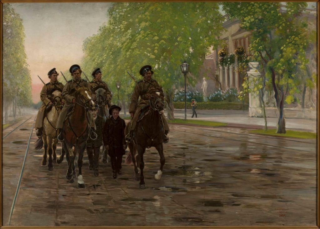 Fot. Wikipedia/Patrol kozaków w Alejach Ujazdowskich w Warszawie w 1905 roku – obraz Stanisława Masłowskiego Wiosna roku 1905 z 1906 roku